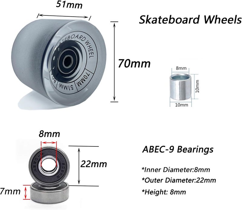 LOOEEL 70mm Longboard Wheels 80A Contains ABEC-9 Bearings and Spacers,Skateboard Riser Pads,Skateboard Hardware Screws Bolts,fit for Your Longboard Skateboards.-Transparent Frosted - Image 2